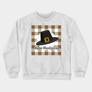 Black Pilgrim Hat on Brown Plaid - Happy Thanksgiving Crewneck Sweatshirt